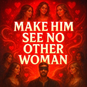 May include: A digitally created image with a red background and the text "MAKE HIM SEE NO OTHER WOMAN" in white. The image features multiple women and a blindfolded man, with heart shapes scattered throughout.