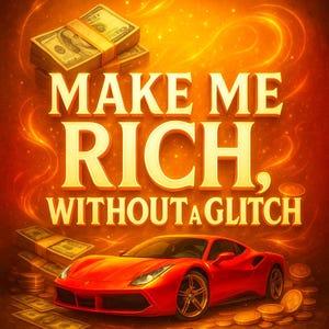 May include: An illustration with the text "MAKE ME RICH, WITHOUT A GLITCH" in gold lettering. The image features stacks of cash, gold coins, and a red sports car against a fiery orange background.