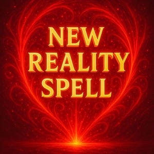 May include: A digital graphic with the words "NEW REALITY SPELL" in gold letters, set against a vibrant red background. The design features a heart-shaped pattern with swirling lines and a bright light emanating from the bottom.