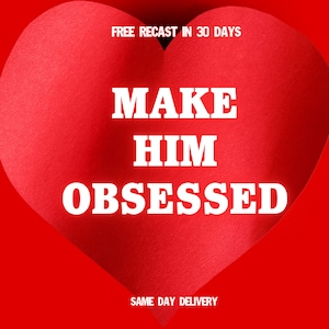 以下が含まれることがあります： 赤いハートの形に、太字の白い文字で「MAKE HIM OBSESSED」と書かれています。「FREE RECAST IN 30 DAYS」と「SAME DAY DELIVERY」の文字も白で、赤い背景に配置されています。