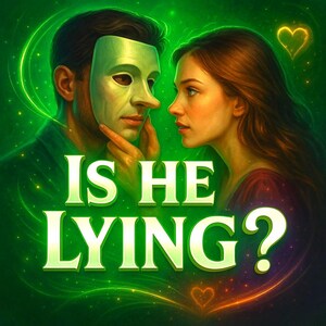 May include: Digital art depicting a man wearing a green mask, touching his face, and looking at a woman. The text "IS HE LYING?" is displayed in large, white letters. The background is a gradient of green with glowing lines and heart shapes.