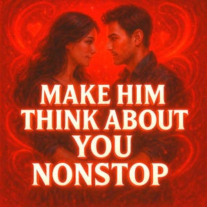May include: Digital artwork depicting a man and woman facing each other, set against a red backdrop with heart motifs. The text "MAKE HIM THINK ABOUT YOU NONSTOP" is written in white.