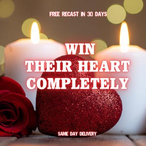 Könnte beinhalten: Romantisches Bild mit einem roten Glitzerherz, einer roten Rose und zwei weißen Kerzen mit brennenden Flammen. Der Text "WIN THEIR HEART COMPLETELY" ist prominent dargestellt. Zusätzlicher Text lautet "FREE RECAST IN 30 DAYS" und "SAME DAY DELIVERY".