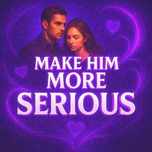 Può includere: Opera d'arte digitale raffigurante un uomo e una donna con un design a forma di cuore viola. Il testo bianco "MAKE HIM MORE SERIOUS" è delineato in viola. Lo sfondo è una sfumatura di viola.