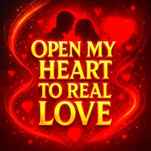 May include: A romantic digital art piece with a red and gold color scheme. The image features the text "OPEN MY HEART TO REAL LOVE" in gold lettering, with a silhouette of a couple kissing at the top. Small red hearts are scattered throughout.