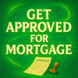 Op de afbeelding: Een groene achtergrond met de woorden "GET APPROVED FOR MORTGAGE" in grote, gele letters. Daaronder zijn een document met het label "APPROVED" en een houten stempel zichtbaar.