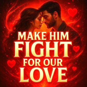 May include: Digital art featuring a man and woman in a romantic embrace, set against a fiery red background with heart shapes. The text "MAKE HIM FIGHT FOR OUR LOVE" is prominently displayed in gold.