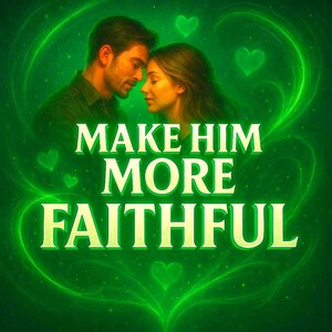 Può includere: Grafica digitale con sfondo verde raffigurante una coppia che si tocca la fronte. Il testo "MAKE HIM MORE FAITHFUL" è visualizzato in bianco, con forme di cuore verdi sparse.