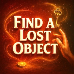 May include: An image with the text "FIND A LOST OBJECT" in a 3D font. A gold key and a gold coin are also featured. The background is a fiery red and orange with glowing lines and sparkles.