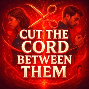 May include: Digital art with a red and gold color scheme. The image features a man and woman facing away from each other, with scissors cutting a red cord between them. The text "CUT THE CORD BETWEEN THEM" is prominently displayed.