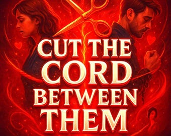 May include: A digital illustration in red and gold tones. It depicts a man and woman, back to back, with gold scissors severing a red cord. The text "CUT THE CORD BETWEEN THEM" is displayed in a bold, stylized font, conveying a theme of separation.