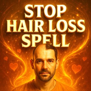 Könnte beinhalten: Ein Bild mit dem Text "STOP HAIR LOSS SPELL" in goldfarbenen Buchstaben. Ein Mann mit schütterem Haaransatz ist darunter zentriert. Der Hintergrund ist ein warmes Orange mit Herzformen und wirbelnden Lichtmustern.