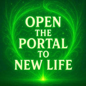 May include: A digital graphic with the words "OPEN THE PORTAL TO NEW LIFE" in a light yellow font. The text is centered on a dark green background with a glowing green design around the text.