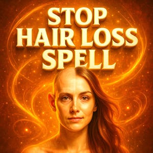 Könnte beinhalten: Ein Bild mit dem Text "STOP HAIR LOSS SPELL" in goldfarbenen Buchstaben. Das Bild zeigt eine Frau mit halb kahlem Kopf und der anderen Hälfte mit langen roten Haaren, vor einem leuchtend orangefarbenen Hintergrund.