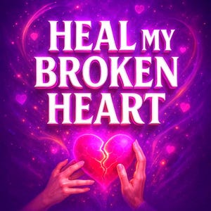 May include: Digital art with the text "HEAL MY BROKEN HEART" in white, over a purple background. A glowing, cracked heart is held by two hands. Small pink hearts and sparkling effects complete the design.