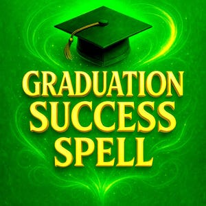 May include: A green background with the words "GRADUATION SUCCESS SPELL" in gold lettering. A dark green graduation cap with a gold tassel is in the upper left corner.