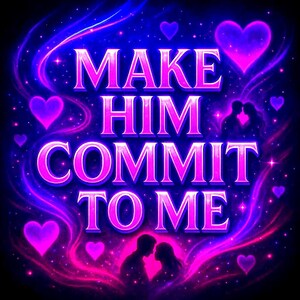 Peut inclure: Graphique numérique avec le texte "MAKE HIM COMMIT TO ME" en rose vif, entouré de cœurs et d'un fond étoilé. Des silhouettes d'un couple s'embrassant sont également présentes.