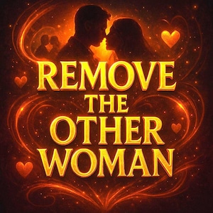 May include: An artistic digital image with a warm color palette. The text "REMOVE THE OTHER WOMAN" is displayed in gold, with a couple silhouetted at the top. Hearts and swirling lines add to the design.