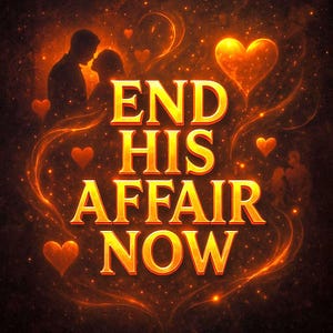 May include: A digital artwork with a dark background, displaying the gold text "END HIS AFFAIR NOW". The image incorporates silhouettes of couples, glowing hearts, and swirling light effects, creating a romantic and dramatic visual.
