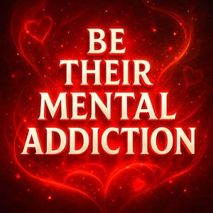 Puede incluir: Gráfico digital con el texto "BE THEIR MENTAL ADDICTION" en negrita, fuente serif. El texto es de color crema y está sobre un fondo rojo vibrante con formas de corazón y efectos brillantes.