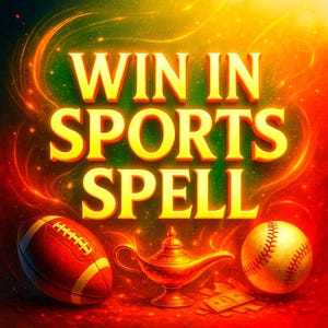 以下が含まれることがあります： デジタルイラスト。背景は赤と緑の炎。中央に「WIN IN SPORTS SPELL」の文字。アメフトボール、野球ボール、金のランプ、お札が描かれており、スポーツをテーマにしたデザインです。