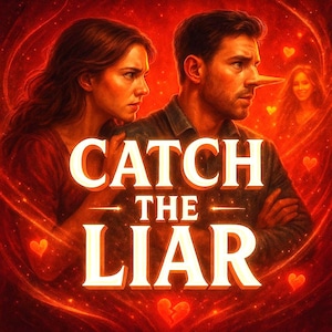 May include: A digital illustration with a red and orange color scheme. The image features two people looking concerned, with the text "CATCH THE LIAR" in large, glowing letters. A third person is in the background, and hearts are scattered throughout.