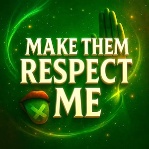 以下が含まれることがあります： 「MAKE THEM RESPECT ME」のテキストが金色3Dフォントで表示されたデジタルグラフィック。背景は緑色のグラデーションで、渦巻く光の効果と小さな黄色の星が描かれています。緑色の舌に十字のマークが描かれています。