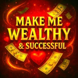 Op de afbeelding: Een digitale afbeelding met de tekst "MAKE ME WEALTHY & SUCCESSFUL" in goud, omringd door dollarbiljetten en harten op een rode achtergrond. Het ontwerp heeft een gloeiend, etherisch effect.