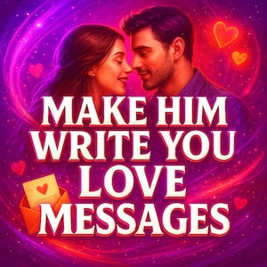 Puede incluir: Ilustración digital con temática romántica. Presenta a una pareja mirándose, rodeada de corazones y un fondo arremolinado púrpura y rosa. El texto "MAKE HIM WRITE YOU LOVE MESSAGES" se muestra de forma destacada.