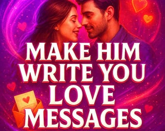 May include: A digital illustration with a romantic theme. It features a couple gazing at each other, surrounded by hearts and a swirling purple and pink background. The text "MAKE HIM WRITE YOU LOVE MESSAGES" is prominently displayed.