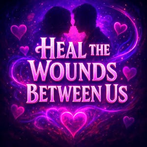 May include: Digital artwork with a romantic theme, showing silhouettes of a couple against a starry backdrop. The words "HEAL THE WOUNDS BETWEEN US" are in pink, with hearts and swirling patterns. The image evokes feelings of love and reconciliation.