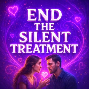 May include: Digital artwork with a purple and blue backdrop displaying the text "END THE SILENT TREATMENT." A man and woman are depicted facing each other, with a heart symbol between them. The image has a romantic theme with heart shapes.