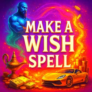 Puede incluir: Ilustración digital con un genio azul, una lámpara mágica, monedas de oro, dinero en efectivo y un coche deportivo amarillo. El texto "MAKE A WISH SPELL" está en oro sobre un fondo morado y naranja.
