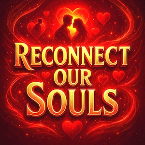 May include: A digital art image with a red and gold color scheme. The words "RECONNECT OUR SOULS" are prominently displayed in gold lettering. Silhouettes of a couple and hearts are also featured.