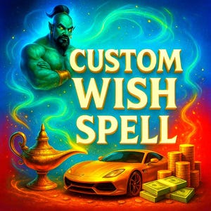 Puede incluir: Ilustración digital con un genio verde, el texto "CUSTOM WISH SPELL", una lámpara dorada, un coche deportivo dorado, montones de monedas de oro y fajos de dinero en efectivo sobre un fondo colorido.