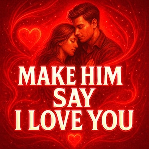 Puede incluir: Ilustración digital de una pareja abrazándose sobre un fondo rojo con formas de corazón y patrones ondulados. El texto "MAKE HIM SAY I LOVE YOU" se muestra en una fuente brillante, transmitiendo un tema romántico.