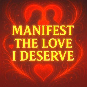以下が含まれることがあります： 赤とオレンジ色の背景のデジタルアート画像。「MANIFEST THE LOVE I DESERVE」というテキストが輝く黄色で表示されています。背景にはハートの形と2人のシルエットが含まれています。