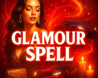 Può includere: Illustrazione digitale con sfondo rosso raffigurante una donna, due auto sportive rosse, candele e la scritta "GLAMOUR SPELL" in bianco. Una pochette e un compatto dorati sono nell'angolo in basso a sinistra.