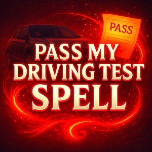 Op de afbeelding: Een digitale afbeelding met een rode en oranje achtergrond toont een auto en een document met het woord "PASS". De tekst "PASS MY DRIVING TEST SPELL" is prominent weergegeven in een vetgedrukte, witte letter.