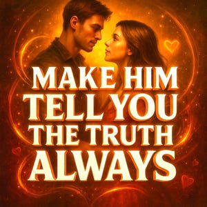 May include: Digital artwork depicting a man and woman looking at each other, set against a warm, golden backdrop. The text "MAKE HIM TELL YOU THE TRUTH ALWAYS" is written in a bold, illuminated font, with heart accents.