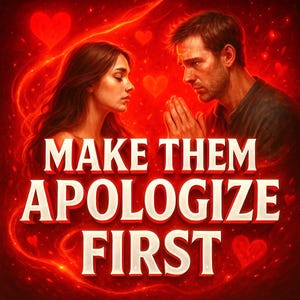 Può includere: Illustrazione digitale con sfondo rosso e arancione. Raffigura un uomo e una donna. Il testo "MAKE THEM APOLOGIZE FIRST" è scritto in bianco in grassetto. Cuori rossi sono sparsi nell'immagine.