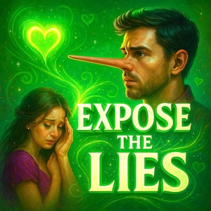 Puede incluir: Ilustración digital con fondo verde que presenta a un hombre con una larga nariz y una mujer. El texto "EXPOSE THE LIES" está en letras grandes y brillantes. Formas de corazón y espirales verdes complementan el diseño.