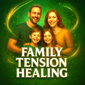Op de afbeelding: Digitale illustratie van een lachend gezin van vier tegen een groene achtergrond met gouden wervelingen. De tekst "FAMILY TENSION HEALING" wordt weergegeven in een vetgedrukte schreefletter.
