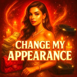 Op de afbeelding: Digitale kunst met een vrouw met lang bruin haar, sieraden, tegen een vurige rode achtergrond. Stapels contant geld, een rode handtas en twee zwarte auto's zijn ook zichtbaar. De tekst "CHANGE MY APPEARANCE" is prominent aanwezig.