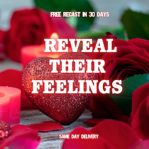 May include: A romantic image featuring a red glitter heart, surrounded by red roses and candles. The text "REVEAL THEIR FEELINGS" is prominently displayed. The image evokes a sense of love and romance.