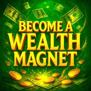 May include: A vibrant graphic with the text "BECOME A WEALTH MAGNET" in yellow and orange. The background is green with floating dollar bills and gold coins, creating a visual representation of wealth and prosperity.