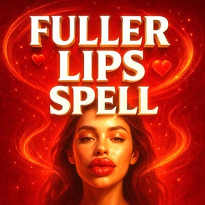 Może przedstawiać: Cyfrowa ilustracja przedstawia kobietę z pełnymi ustami i tekstem "FULLER LIPS SPELL" w 3D. Tło jest ognistorude z kształtami serc i efektami świetlnymi, tworząc dramatyczny design.