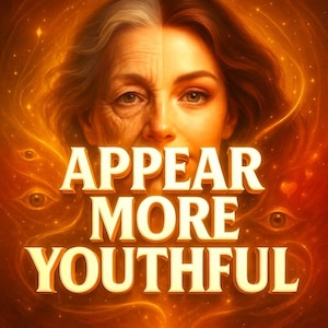 May include: An artistic image featuring a woman's face split in half, showing both aged and youthful sides. The text "APPEAR MORE YOUTHFUL" is prominently displayed in a golden font against a warm, orange background with ethereal elements.