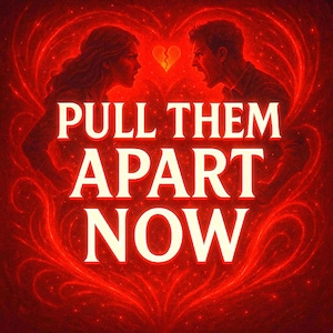 May include: A digital artwork with a red heart design. The image shows two silhouetted figures facing each other, with a broken heart symbol above them. The text "PULL THEM APART NOW" is displayed in white.