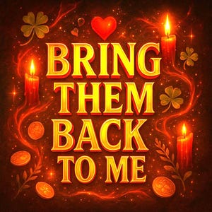 Może przedstawiać: Cyfrowa ilustracja z napisem "BRING THEM BACK TO ME" złotymi literami z czerwonym obrysem. Obraz przedstawia zapalone świece, koniczyny, serca i monety na ciemnoczerwonym tle.